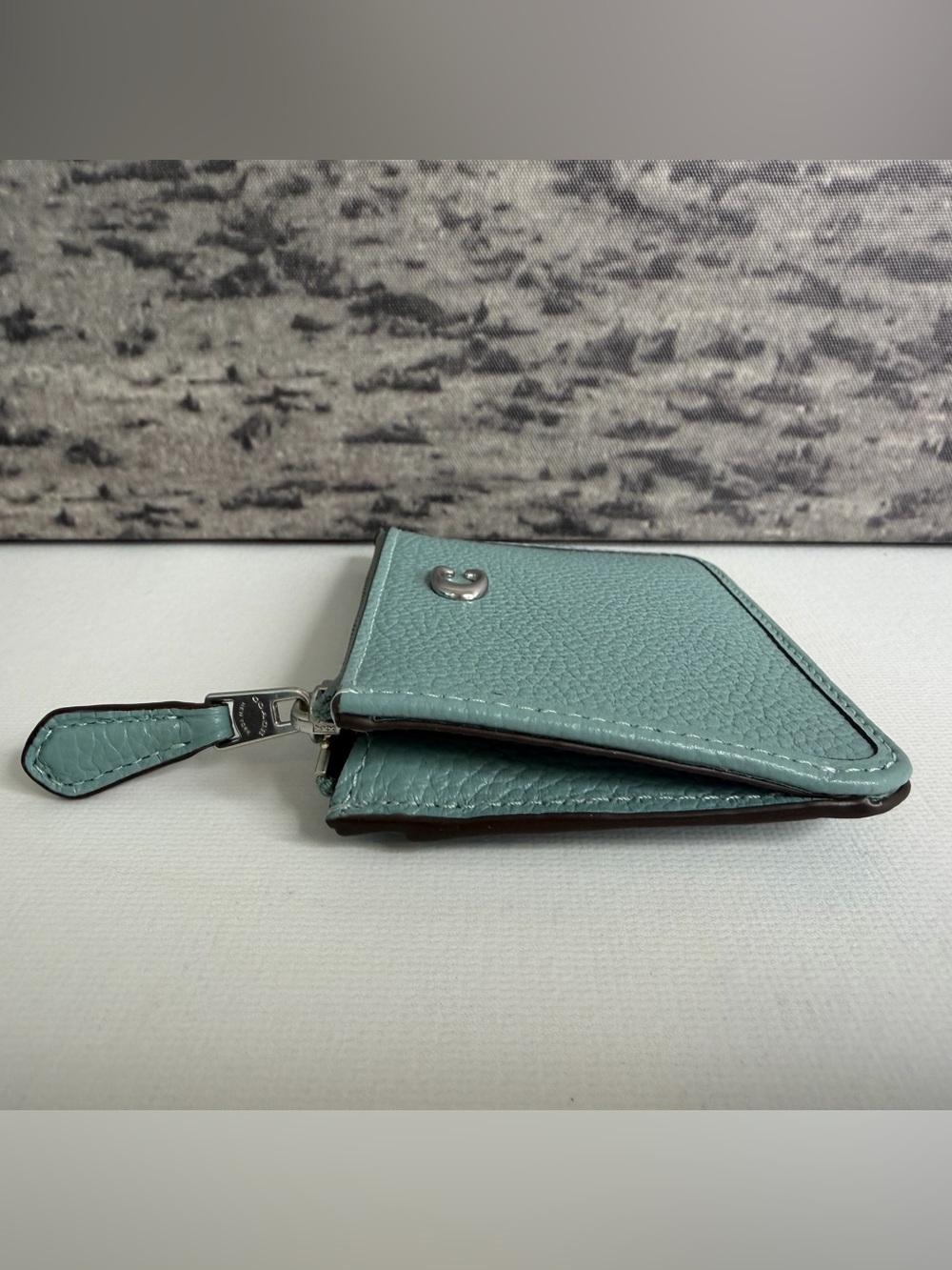 NWT Coach Essential Mini Id Card Case Leather Aquamarine Silver CR550 - Picture 3 of 6
